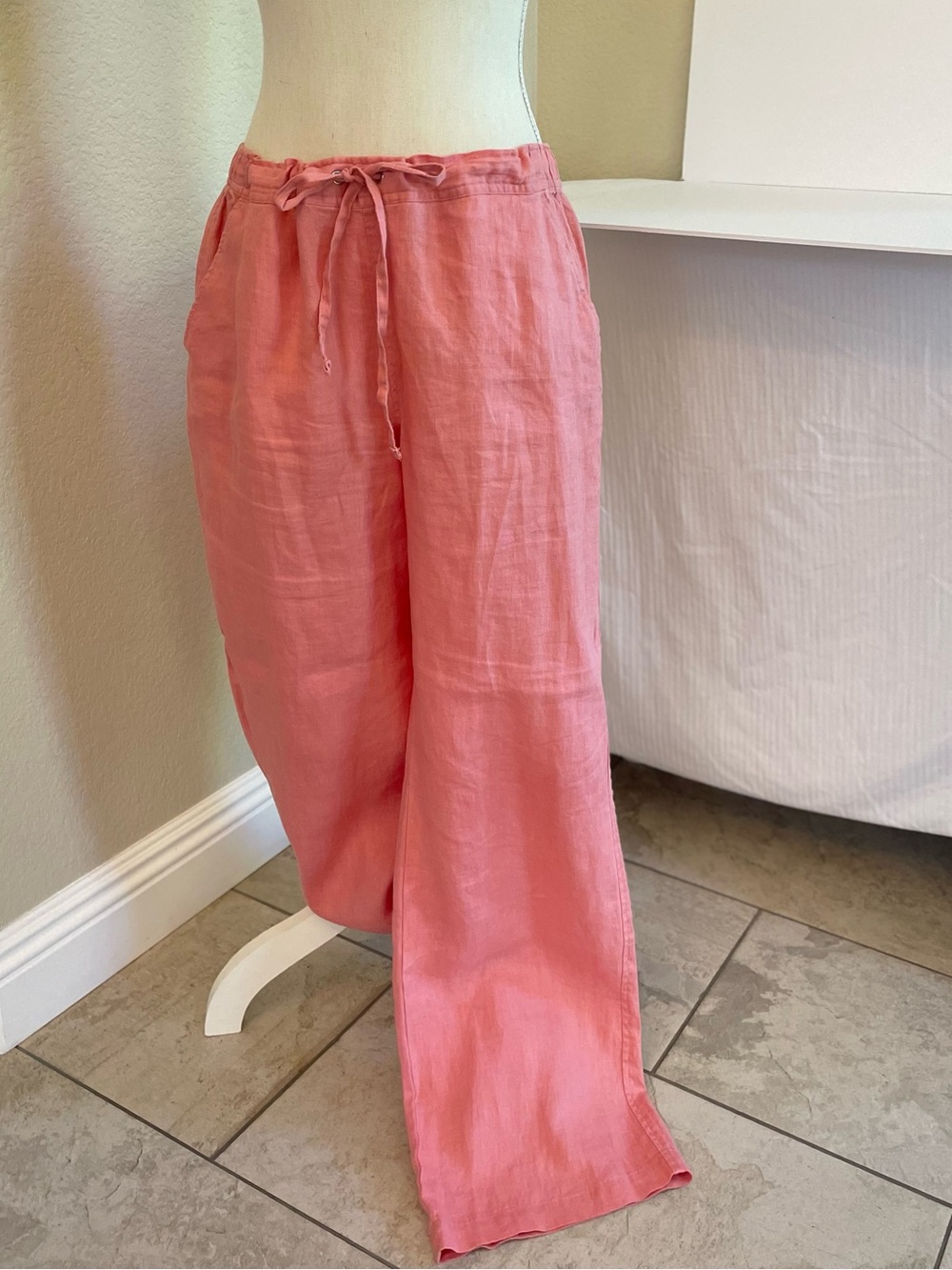 VINCE CAMUTO Coral Pink Linen Drawstring Wide-Leg Pants SZ M